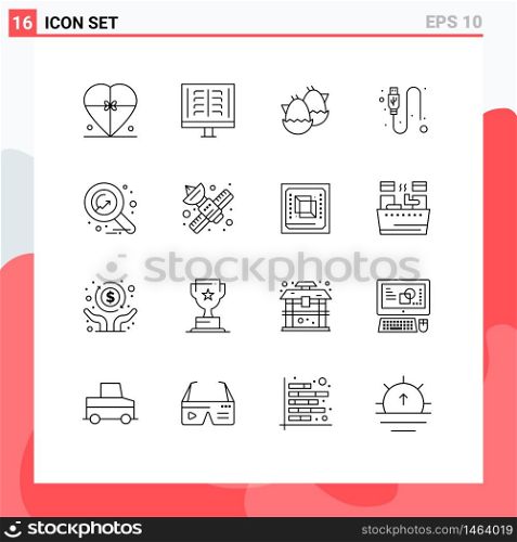 Pack of 16 Modern Outlines Signs and Symbols for Web Print Media such as wire, data, ribs, cable, easter Editable Vector Design Elements