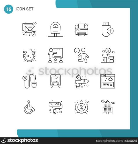 Pack of 16 Modern Outlines Signs and Symbols for Web Print Media such as fortune, day, printer, stick, devices Editable Vector Design Elements
