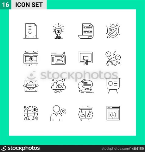 Pack of 16 Modern Outlines Signs and Symbols for Web Print Media such as business, shield, reward, security, document Editable Vector Design Elements