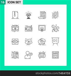 Pack of 16 Modern Outlines Signs and Symbols for Web Print Media such as business, shield, reward, security, document Editable Vector Design Elements