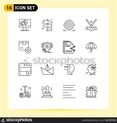 Pack of 16 Modern Outlines Signs and Symbols for Web Print Media such as olympics, hockey, target, game, objective Editable Vector Design Elements