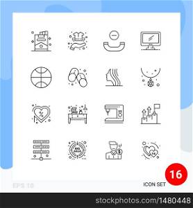 Pack of 16 Modern Outlines Signs and Symbols for Web Print Media such as basketball, imac, shirt, device, computer Editable Vector Design Elements