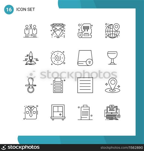 Pack of 16 Modern Outlines Signs and Symbols for Web Print Media such as pin, around, electricity, mobile, lock Editable Vector Design Elements