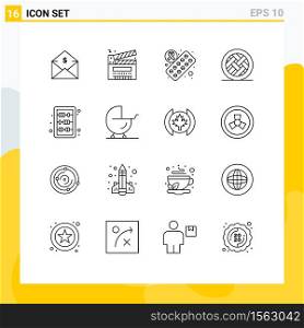 Pack of 16 Modern Outlines Signs and Symbols for Web Print Media such as pumpkin, dessert, film, cake, pills Editable Vector Design Elements
