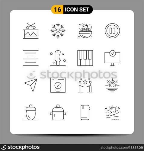 Pack of 16 Modern Outlines Signs and Symbols for Web Print Media such as medical, center, spaghetti, align, pause Editable Vector Design Elements