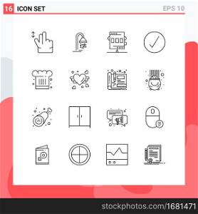 Pack of 16 Modern Outlines Signs and Symbols for Web Print Media such as chef, ok, athletics, complete, check Editable Vector Design Elements