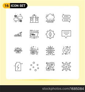 Pack of 16 Modern Outlines Signs and Symbols for Web Print Media such as brickwork, message, speaker, chat, restaurant Editable Vector Design Elements