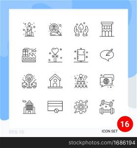 Pack of 16 Modern Outlines Signs and Symbols for Web Print Media such as factory, city, environment, residence, house Editable Vector Design Elements