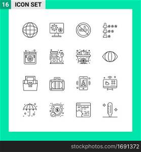 Pack of 16 Modern Outlines Signs and Symbols for Web Print Media such as internet, find, gear, job, travel Editable Vector Design Elements