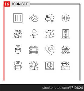Pack of 16 Modern Outlines Signs and Symbols for Web Print Media such as cherry, wheel, chain, gear, basic Editable Vector Design Elements