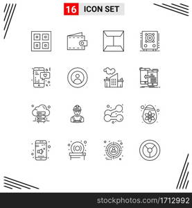 Pack of 16 Modern Outlines Signs and Symbols for Web Print Media such as mobile, speaker, wallet, party, audio Editable Vector Design Elements