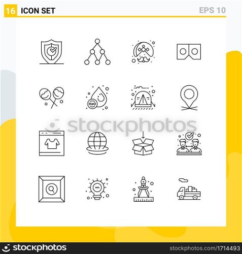 Pack of 16 Modern Outlines Signs and Symbols for Web Print Media such as confectionery, movie, indian, vr, wearing Editable Vector Design Elements