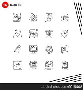 Pack of 16 Modern Outlines Signs and Symbols for Web Print Media such as pin, location, usa, wireless, technology Editable Vector Design Elements
