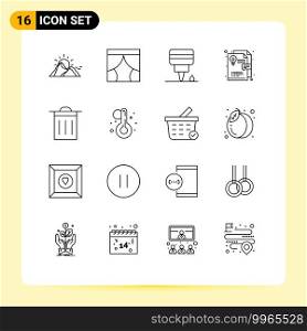 Pack of 16 Modern Outlines Signs and Symbols for Web Print Media such as trash, graphic design, theater, layout, oil Editable Vector Design Elements