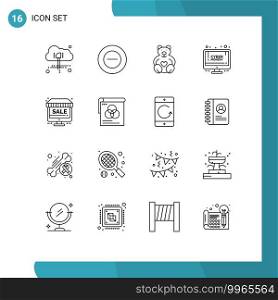 Pack of 16 Modern Outlines Signs and Symbols for Web Print Media such as shop, online, loving, monitor, sale Editable Vector Design Elements