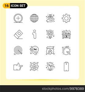 Pack of 16 Modern Outlines Signs and Symbols for Web Print Media such as eraser, user, box, interface, setting Editable Vector Design Elements