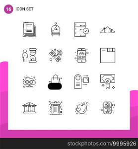 Pack of 16 Modern Outlines Signs and Symbols for Web Print Media such as scene, nature, approve, landscape, data Editable Vector Design Elements