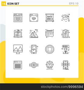 Pack of 16 Modern Outlines Signs and Symbols for Web Print Media such as laptop, school, graduation, graduation, cap Editable Vector Design Elements
