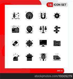 Pack of 16 Modern Solid Glyphs Signs and Symbols for Web Print Media such as image, ad, spa, advertising submission, advertising Editable Vector Design Elements