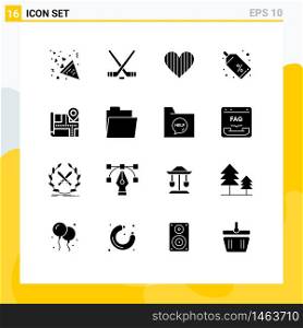 Pack of 16 Modern Solid Glyphs Signs and Symbols for Web Print Media such as map, tag, heart, shopping, gift Editable Vector Design Elements