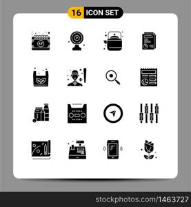 Pack of 16 Modern Solid Glyphs Signs and Symbols for Web Print Media such as report, page, news target, teapot, pot Editable Vector Design Elements