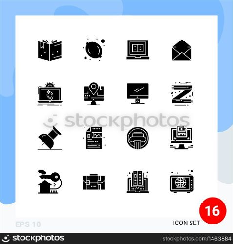 Pack of 16 Modern Solid Glyphs Signs and Symbols for Web Print Media such as reporting, processing, laptop, data, message Editable Vector Design Elements