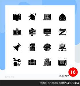Pack of 16 Modern Solid Glyphs Signs and Symbols for Web Print Media such as reporting, processing, laptop, data, message Editable Vector Design Elements