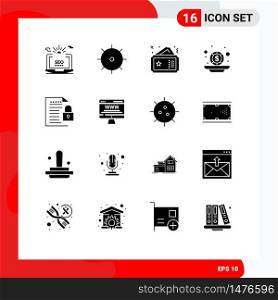 Pack of 16 Modern Solid Glyphs Signs and Symbols for Web Print Media such as data, money, ticket, investment, movie Editable Vector Design Elements