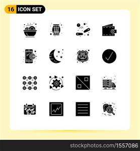 Pack of 16 Modern Solid Glyphs Signs and Symbols for Web Print Media such as digital marketing, wallet, pinball, purse, beach Editable Vector Design Elements