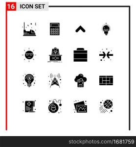 Pack of 16 Modern Solid Glyphs Signs and Symbols for Web Print Media such as ecology, bulb, office, idea, sign Editable Vector Design Elements