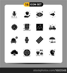 Pack of 16 Modern Solid Glyphs Signs and Symbols for Web Print Media such as man, target, crime, right, arrow Editable Vector Design Elements