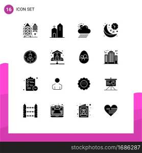 Pack of 16 Modern Solid Glyphs Signs and Symbols for Web Print Media such as time, moon, monastery, line, sun Editable Vector Design Elements