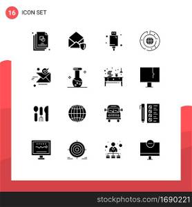 Pack of 16 Modern Solid Glyphs Signs and Symbols for Web Print Media such as graph, chart, cable, business, equipment Editable Vector Design Elements