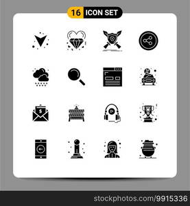 Pack of 16 Modern Solid Glyphs Signs and Symbols for Web Print Media such as weather, cloud, badge, social media, swords Editable Vector Design Elements