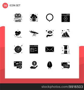 Pack of 16 Modern Solid Glyphs Signs and Symbols for Web Print Media such as couple, heart, accessories, wrong, error Editable Vector Design Elements