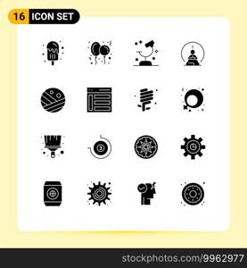 Pack of 16 Modern Solid Glyphs Signs and Symbols for Web Print Media such as mind, meditation, biology, concentration, science Editable Vector Design Elements