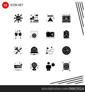Pack of 16 Modern Solid Glyphs Signs and Symbols for Web Print Media such as drink, glass, arrows, screen, computer Editable Vector Design Elements
