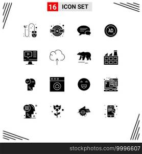 Pack of 16 Modern Solid Glyphs Signs and Symbols for Web Print Media such as computer, ad blocker, service legal, blocker, chatting Editable Vector Design Elements