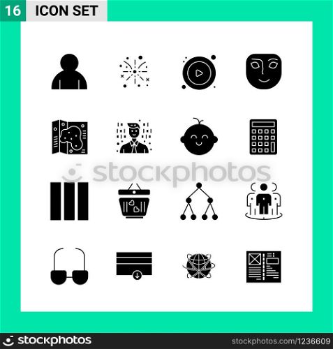 Pack of 16 Solid Style Icon Set. Glyph Symbols for print. Creative Signs Isolated on White Background. 16 Icon Set.. Creative Black Icon vector background