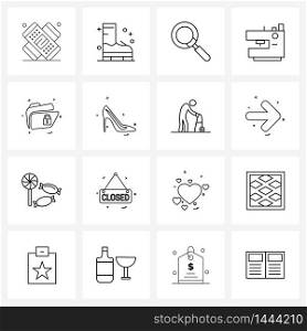 Pack of 16 Universal Line Icons for Web Applications locked, directory, search, folder, sewing Vector Illustration