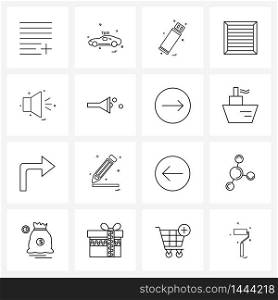 Pack of 16 Universal Line Icons for Web Applications sound, shipping, taxi, shipment, container Vector Illustration