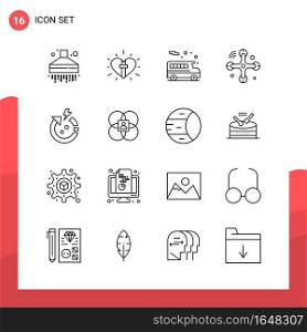 Pack of 16 Universal Outline Icons for Print Media on White Background.. Creative Black Icon vector background