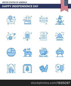 Pack of 16 USA Independence Day Celebration Blues Signs and 4th July Symbols such as army  transport  shop  spaceship  launcher Editable USA Day Vector Design Elements