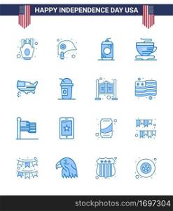 Pack of 16 USA Independence Day Celebration Blues Signs and 4th July Symbols such as thanksgiving  american  bottle  coffee  tea Editable USA Day Vector Design Elements