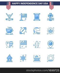 Pack of 16 USA Independence Day Celebration Blues Signs and 4th July Symbols such as coffee  tea  scroll  church  american Editable USA Day Vector Design Elements