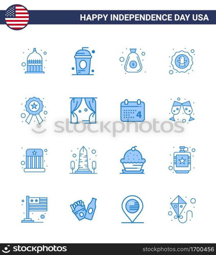 Pack of 16 USA Independence Day Celebration Blues Signs and 4th July Symbols such as badge; celebration; independece; bird; cash Editable USA Day Vector Design Elements