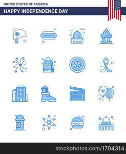 Pack of 16 USA Independence Day Celebration Blues Signs and 4th July Symbols such as thanksgiving  muffin  building  dessert  white Editable USA Day Vector Design Elements