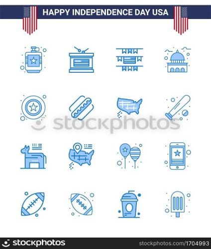 Pack of 16 USA Independence Day Celebration Blues Signs and 4th July Symbols such as men; usa; independence day; landmark; building Editable USA Day Vector Design Elements