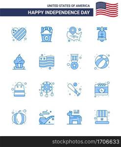 Pack of 16 USA Independence Day Celebration Blues Signs and 4th July Symbols such as cake  american  map  ring  location pin Editable USA Day Vector Design Elements