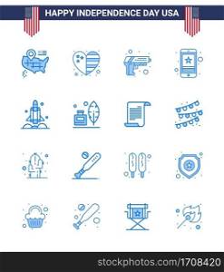 Pack of 16 USA Independence Day Celebration Blues Signs and 4th July Symbols such as rocket  phone  security  mobile  star Editable USA Day Vector Design Elements